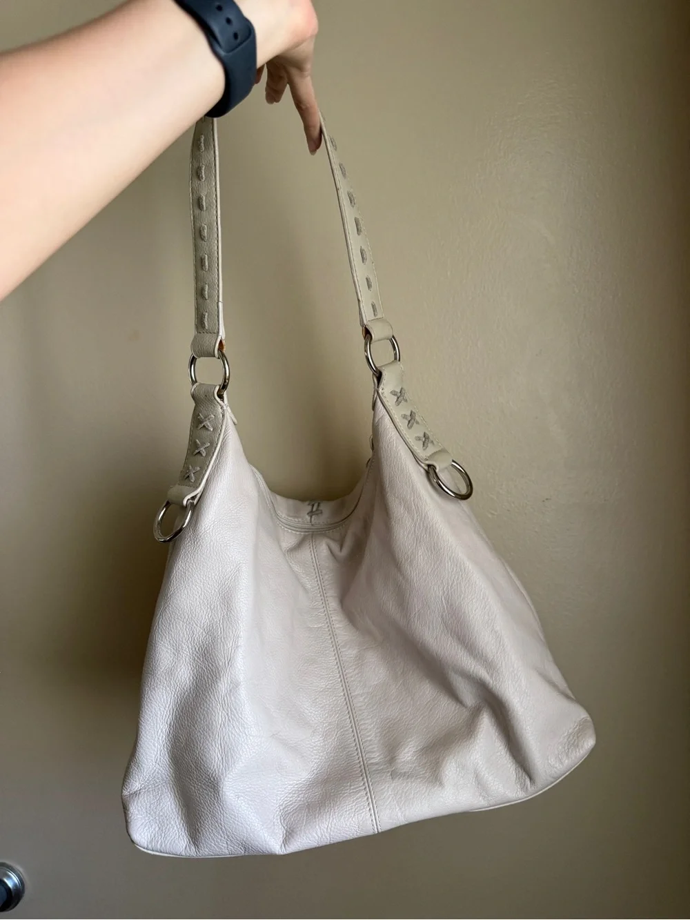Vintage leather White Stitched Hobo Bag with Tassel